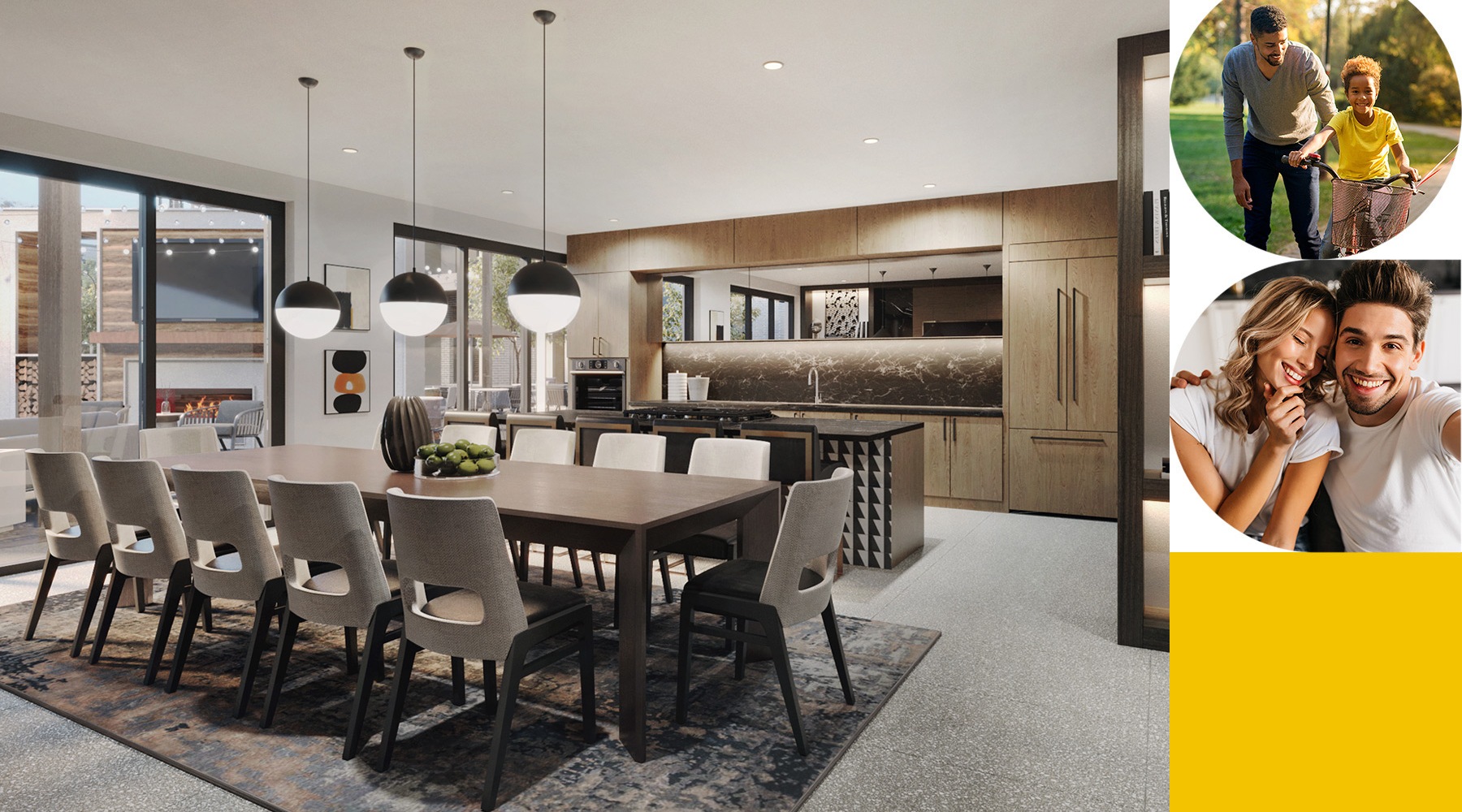 lounge in a bright room with ample seating beside smaller image of residents