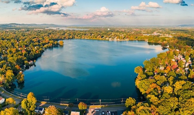 a body of water surrounded by trees